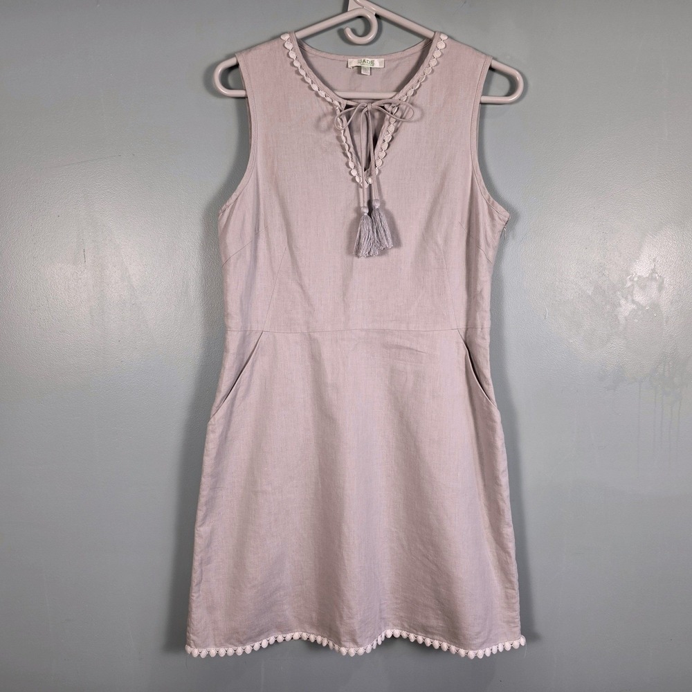Jade Melody Tam Linen Cotton Shift Dress Beige Tassel Pom Pom Trim Women Size S